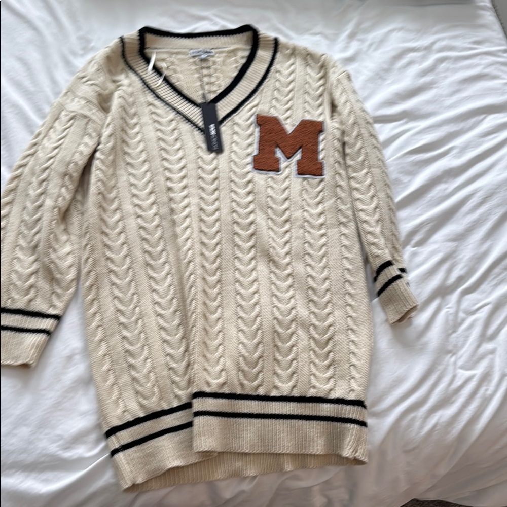 Cream Cable Knit Sweater Dress with Brown M Patch